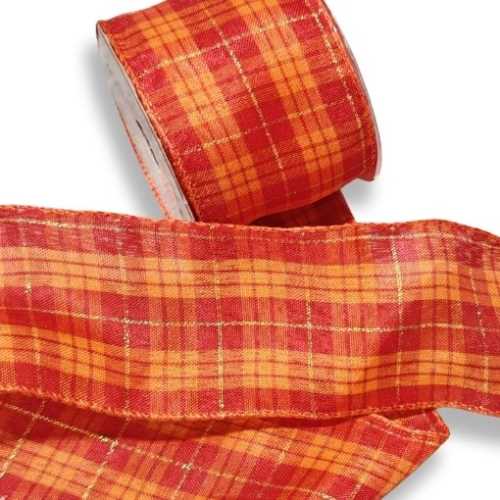 60mm Autumn Red Orange Gold Checked Wired Ribbon - The Homespun Loft