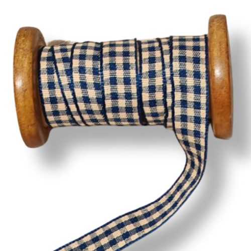 15mm Primitive Navy and Tan Homespun Check Ribbon - The Homespun Loft