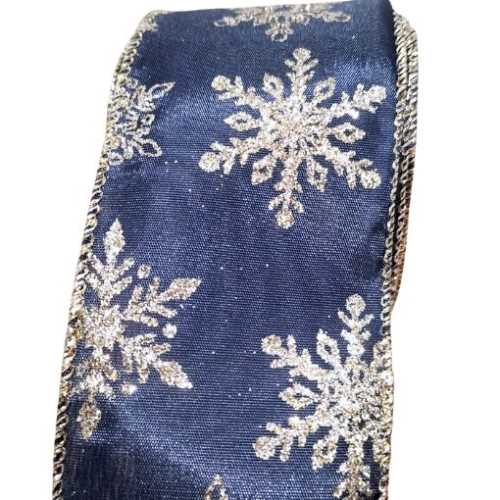 Navy Wired Ribbon SiIver Sparkle Snowflakes - The Homespun Loft