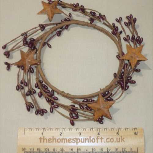 5" Burgundy Pip Berry Candle Ring and Rusty Stars - The Homespun Loft