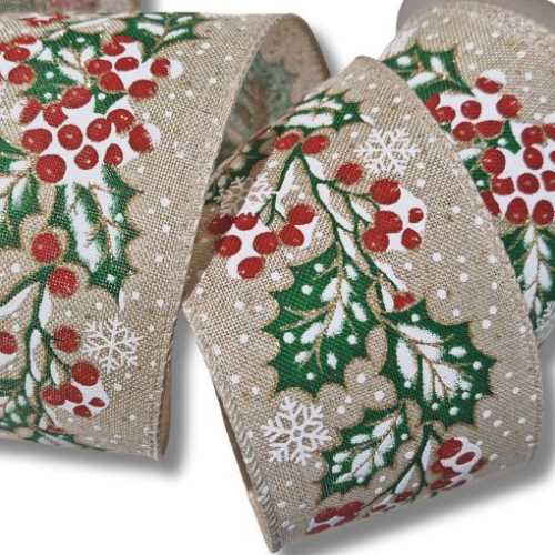 63mm Glitter Snow Holly Christmas Wired Ribbon - The Homespun Loft