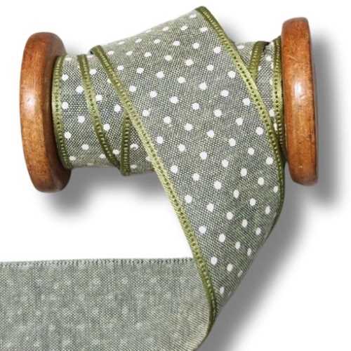 40mm Country Style Sage and Cream Spotty Ribbon - The Homespun Loft