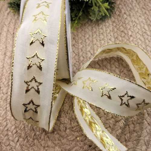 Cream Christmas Gold Star Ribbon - The Homespun Loft