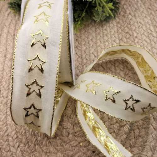 Cream Christmas Gold Star Wired Ribbon - The Homespun Loft