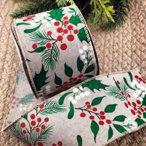 Holly and Mistletoe Christmas Wired Ribbon - The Homespun Loft