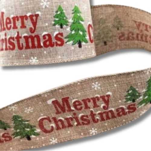60mm Merry Christmas Hessian Wired Ribbon - The Homespun Loft