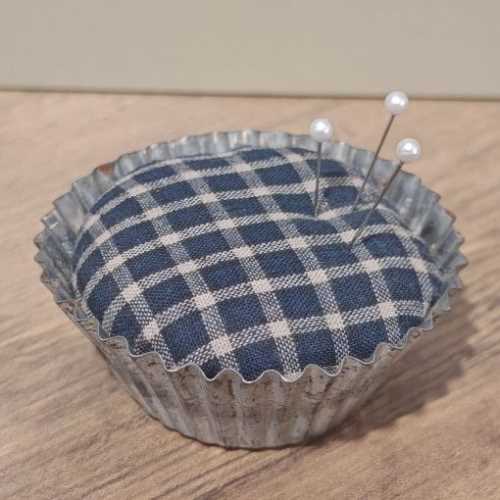 Blue Homespun Pin Cushion in Vintage Tart Tin - The Homespun Loft