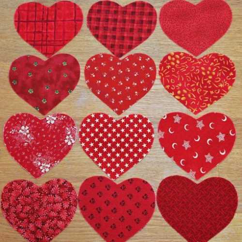 12 Reds Cotton Fabric Heart Die Cut Shapes - The Homespun Loft