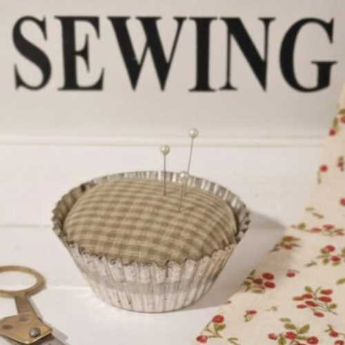 Sage Tan Homespun Pin Cushion in Vintage Tart Tin - The Homespun Loft