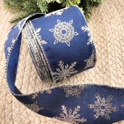 Navy Wired Ribbon SiIver Sparkle Snowflakes - The Homespun Loft