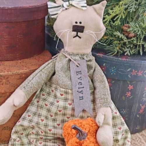 12" Handmade EVELYN Kitty Cat Doll with Pumpkin - The Homespun Loft
