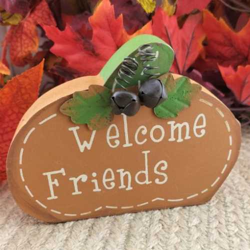 Welcome Friends Wooden Autumn Fall Pumpkin - The Homespun Loft