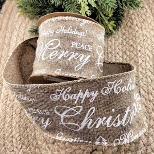 Happy Holidays Christmas Linen Wired Ribbon - The Homespun Loft