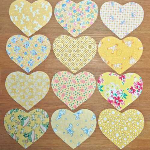 12 Yellow Cotton Fabric Heart Die Cut Shapes - The Homespun Loft