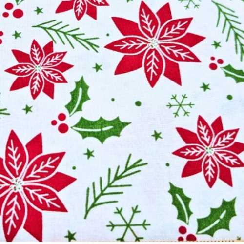 Christmas Poinsettia and Holly Fabric 18" x 22" - The Homespun Loft