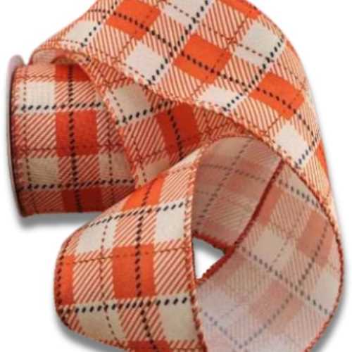60mm Autumn Orange Checked Wired Ribbon - The Homespun Loft