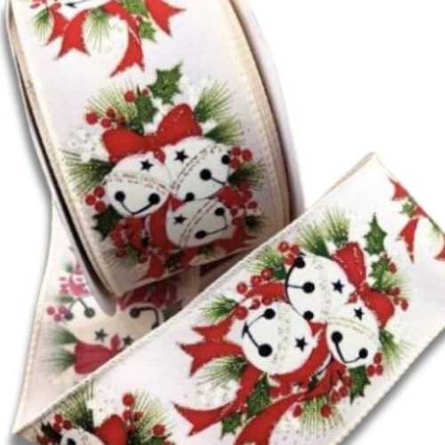 60mm Sleigh Bells Glittery Christmas Wired Ribbon - The Homespun Loft
